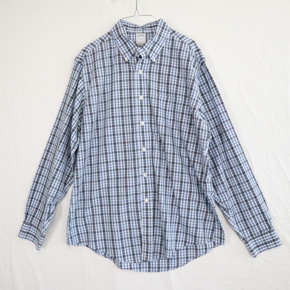 Brooks Brothers Shirt Mens Large Slim Fit Non Iron Button Blue Plaid Long Sleeve